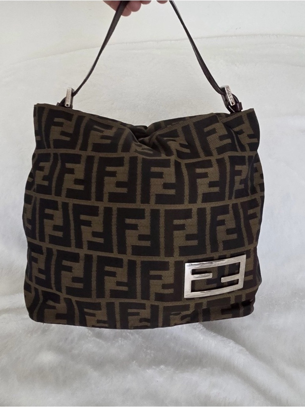 Fendi Brown and Black Zucca Canvas Shoulder Bag with Silver Hardware